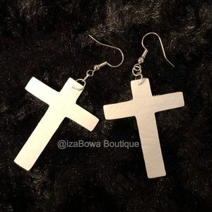 White Cross shaped Faux Leather Earrings ER1598 Handmade NWT Boutique